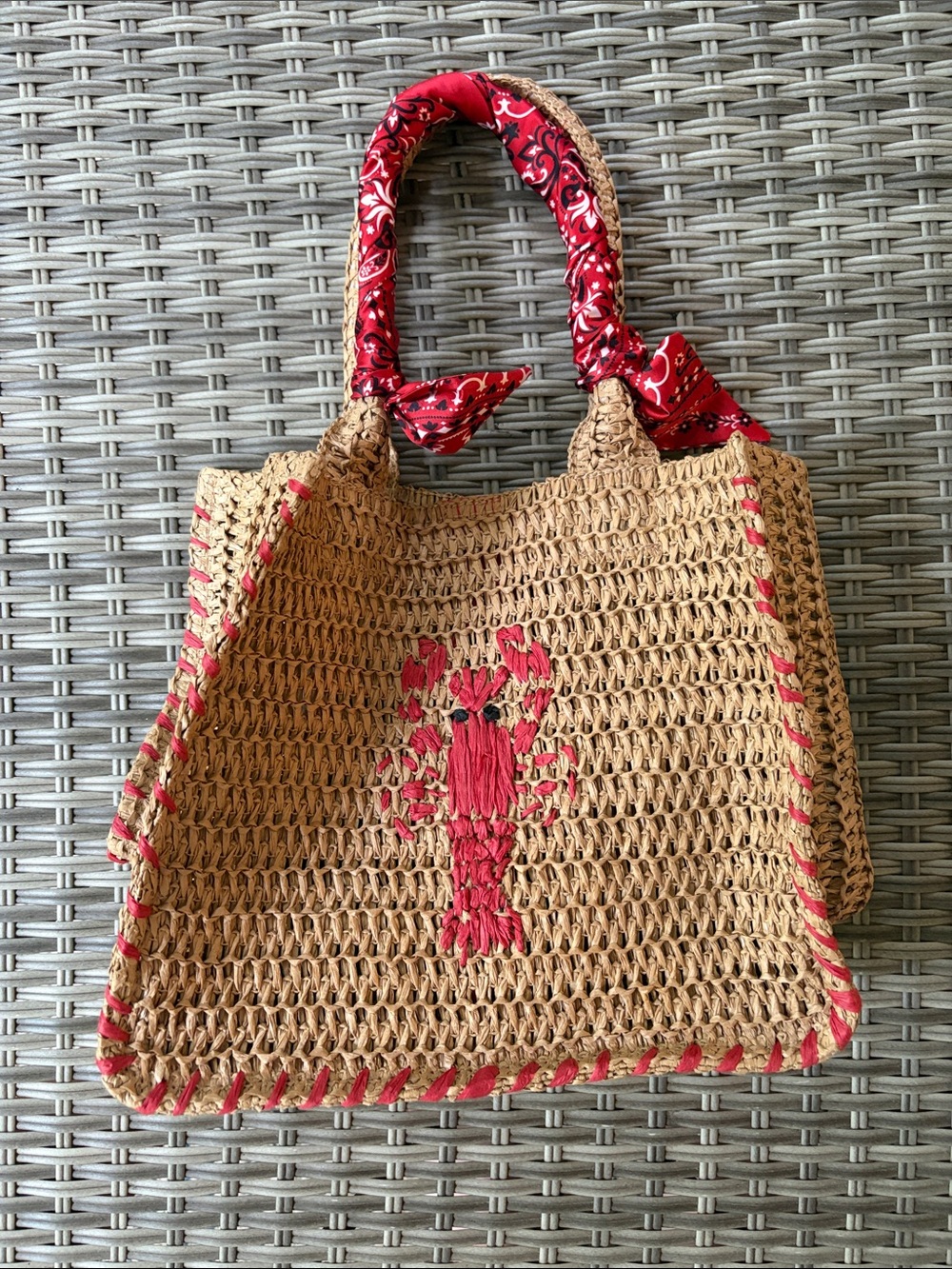 Lobster Woven Straw Tote with Red Bandana Handles and Lobster Accent